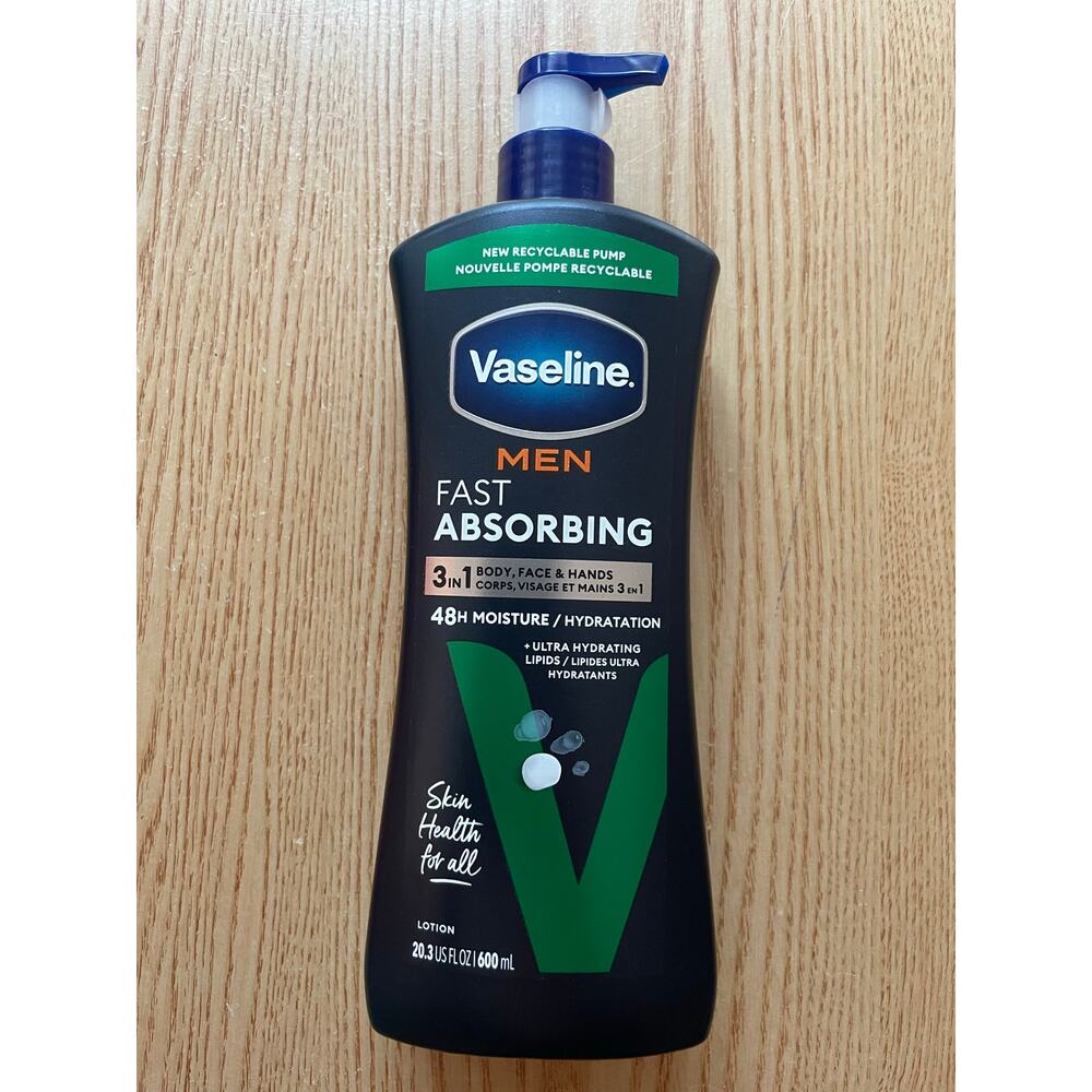 New Mens Vaseline Fast Absorb 3 in 1 Body Face Hands Lotion 48hr Moisture 20.3oz